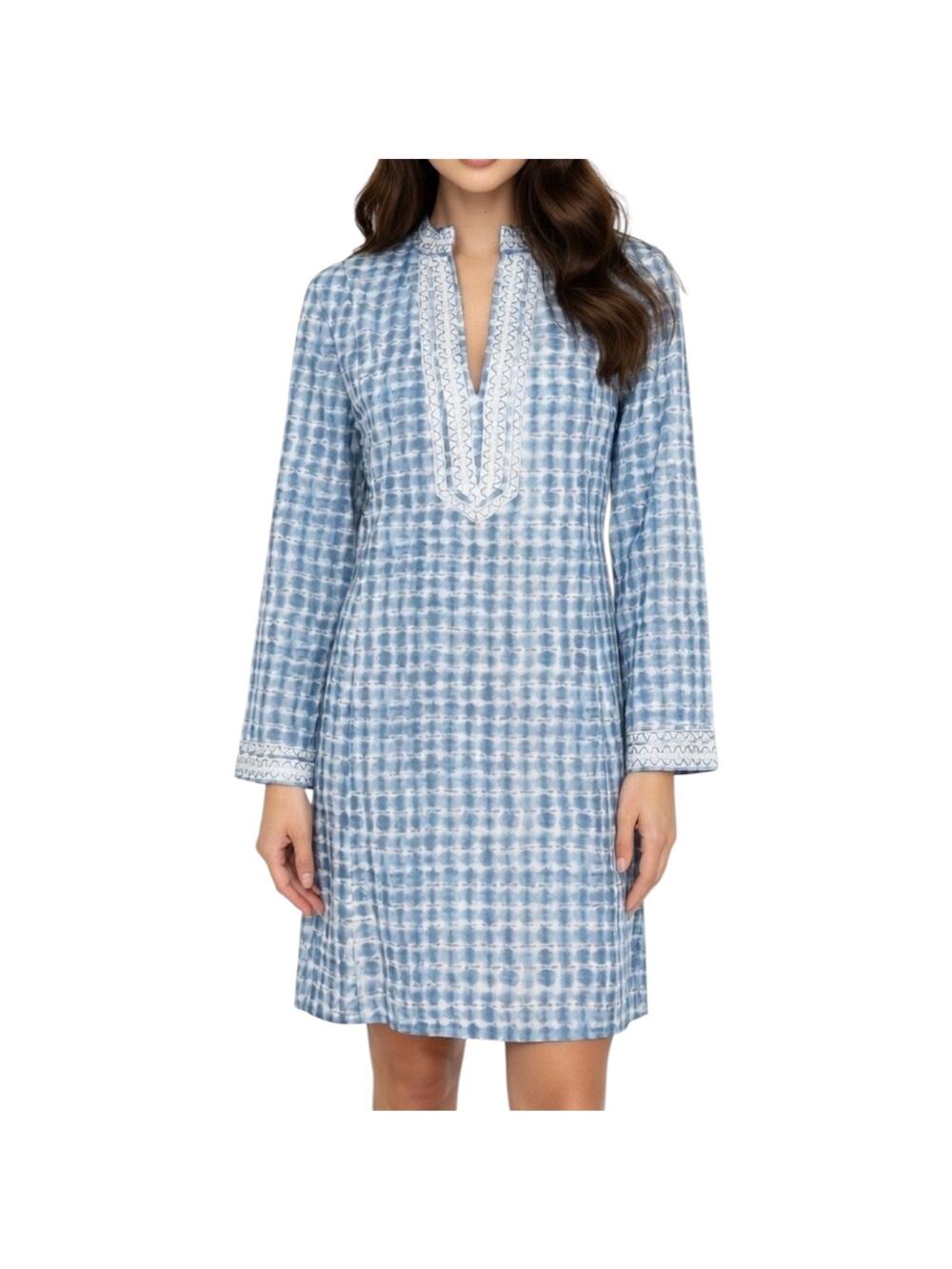 Tory Burch Sonda Tie Dye Tunic Blue White Embroidered Stretch Mini Dress Size 8